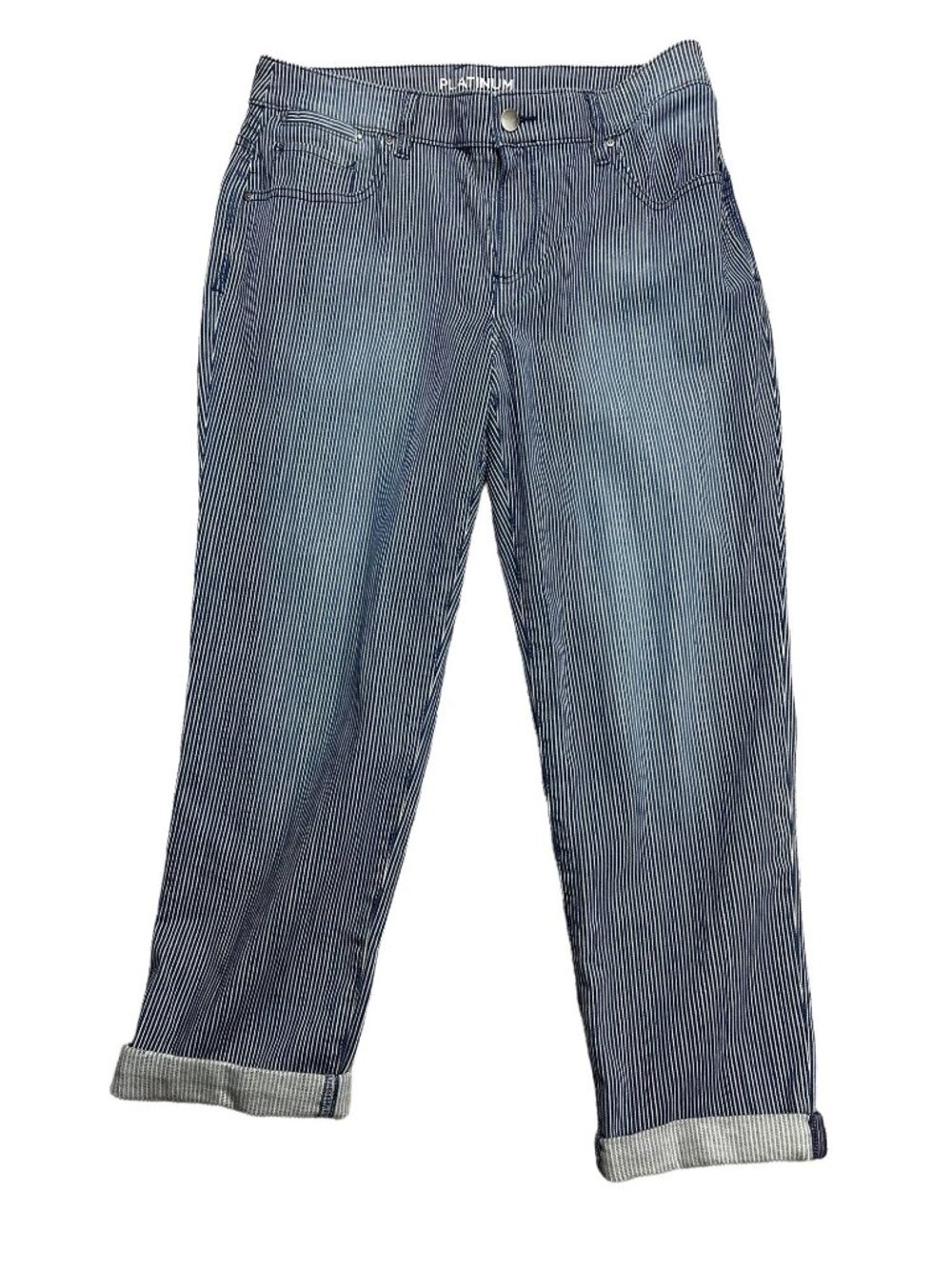 Chicos Petite Platinum Railroad Stripe Boyfriend Jeans Skimmer Size 1